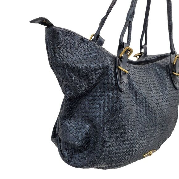 Elliott Lucca Black Basket Woven Leather Shoulder Bag Dual Handles Zip Closer - Picture 7 of 12